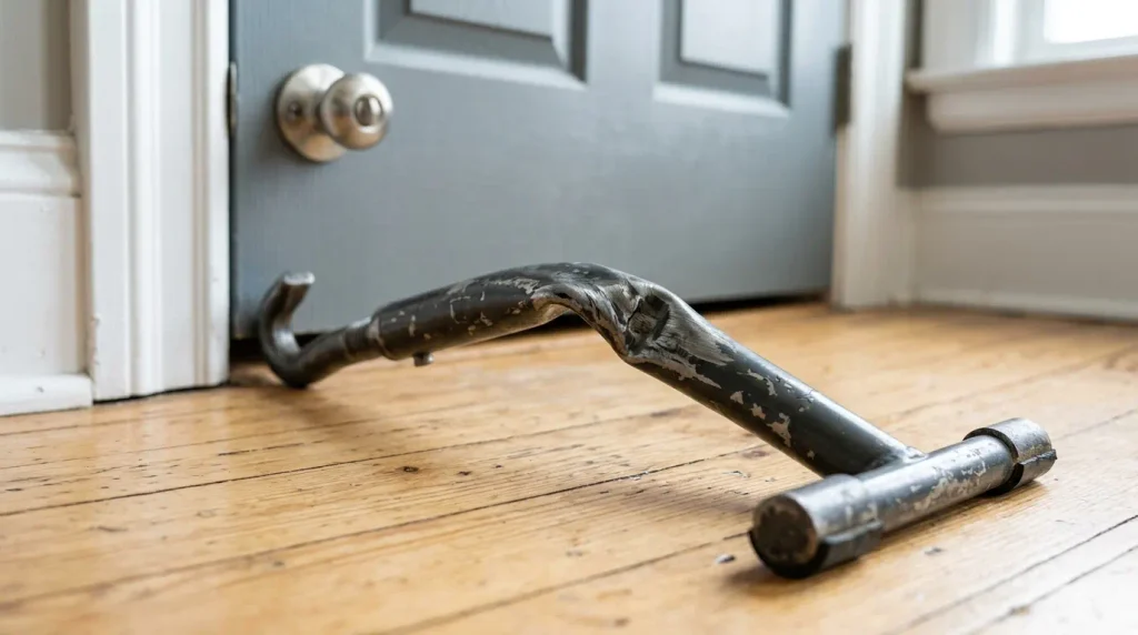 A bent and failed door security brace showing what happens when a cheap device fails under real pressure