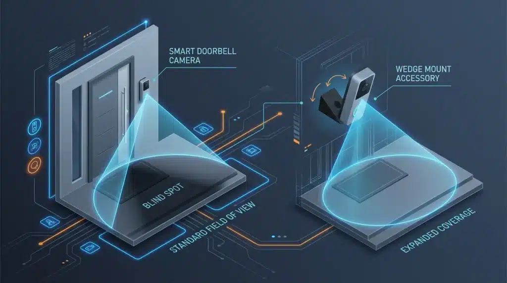 A 3D isometric infographic demonstrating how a wedge mount adjusts the doorbell camera angle to fix blind spots near the front porch.
