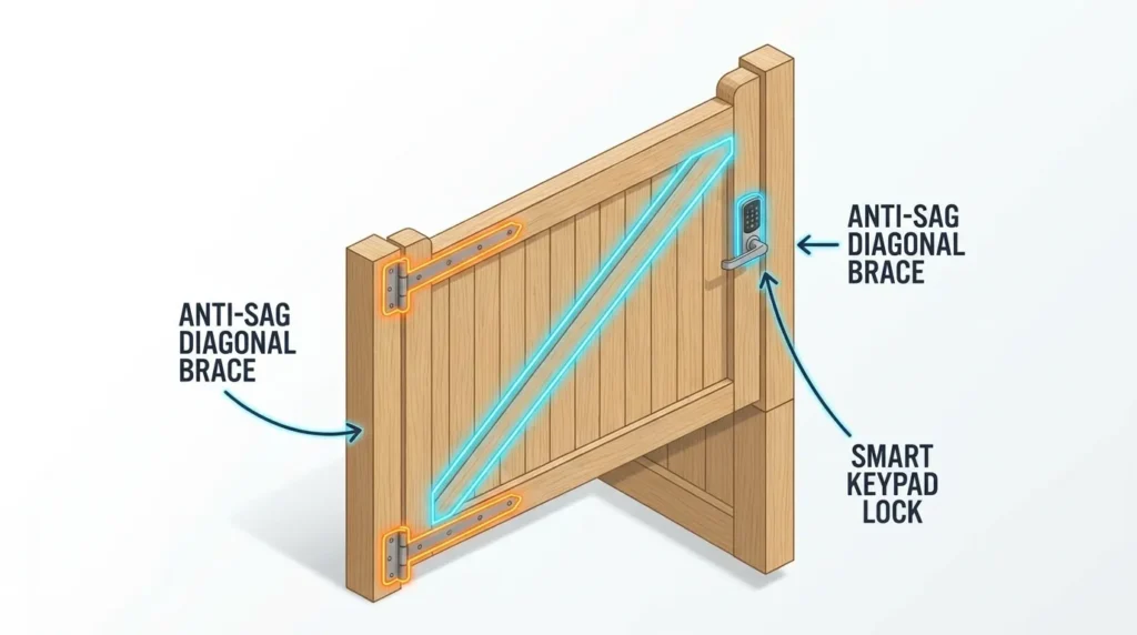 3D infographic showing proper diagonal bracing and hardware placement for a DIY driveway gate.