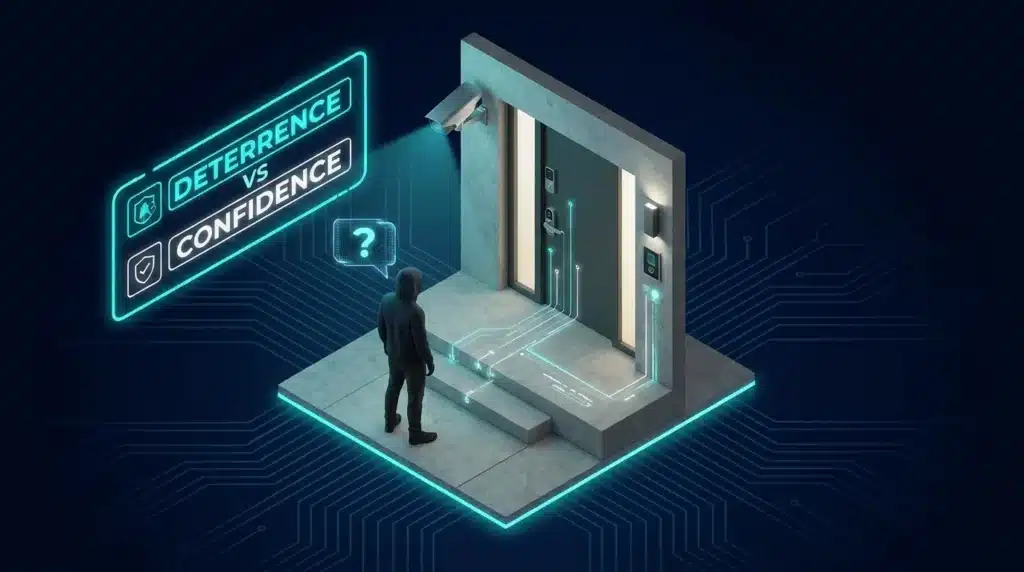A 3D isometric infographic showing a burglar evaluating a security camera at a front door.