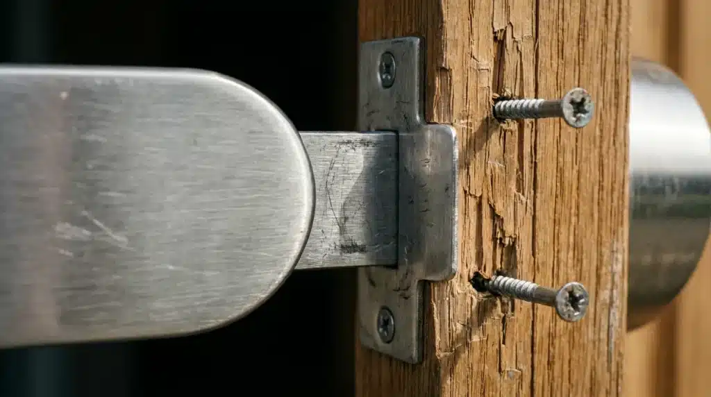 Heavy duty steel deadbolt lock and reinforced strike plate showing how to secure a garage side door effectively.