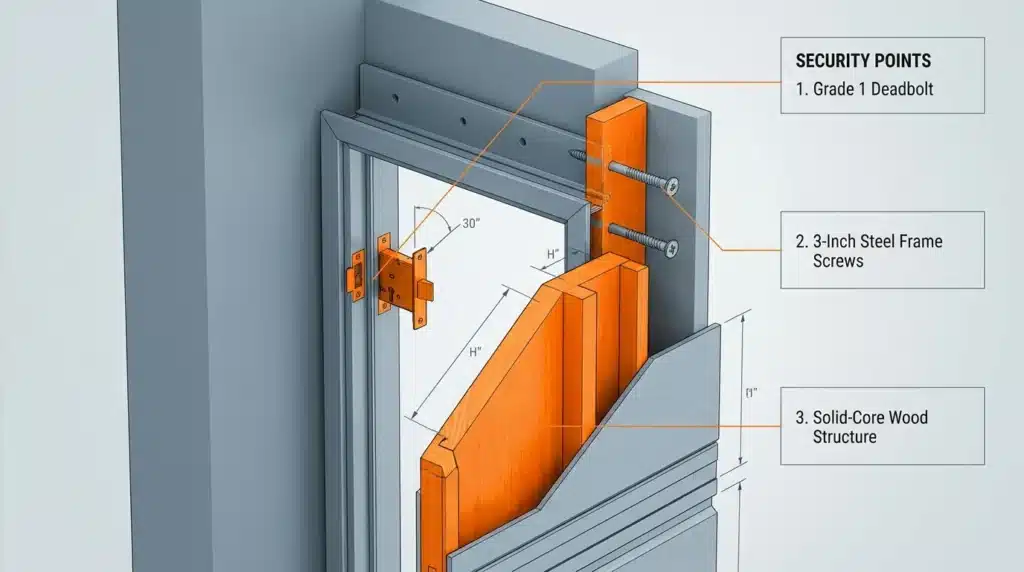 Infographic diagram showing deadbolt installation and frame reinforcement steps for how to secure a garage side door.