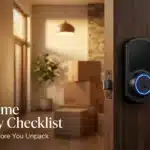 A modern front door with a secure smart lock and moving boxes in the background, representing a complete home security checklist for new homeowners.