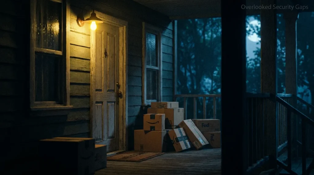 An insightful image highlighting subtle home security oversights, such as unmanaged mail and static lighting, that ruin burglar deterrence plans.
