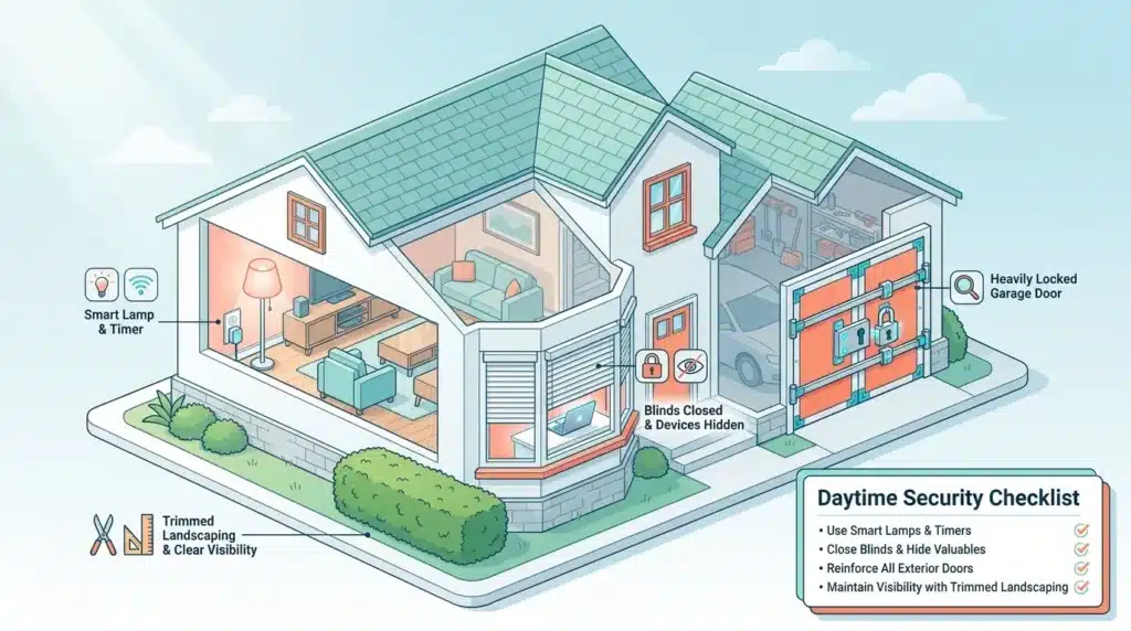 A 3D isometric infographic highlighting essential home security tips while at work, including locked side doors and closed window blinds.