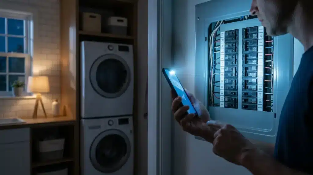 A house sitter using a flashlight to find the open electrical fuse box panel during a home power outage.