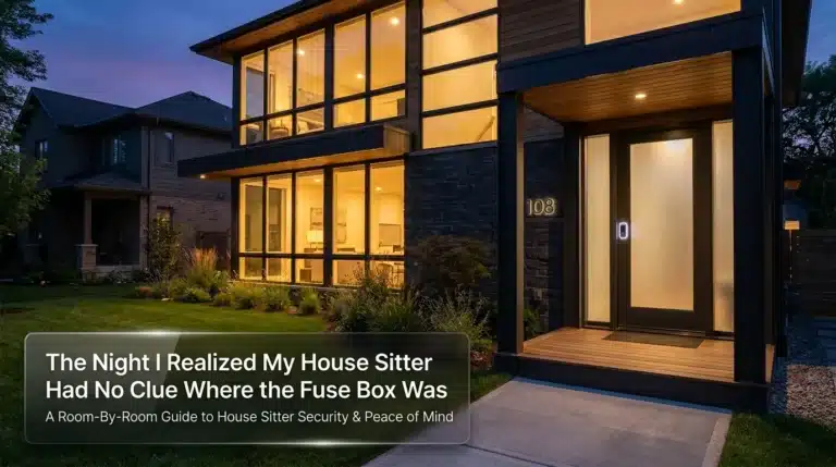 A modern suburban home at twilight illustrating house sitter security prep and home safety checklist.