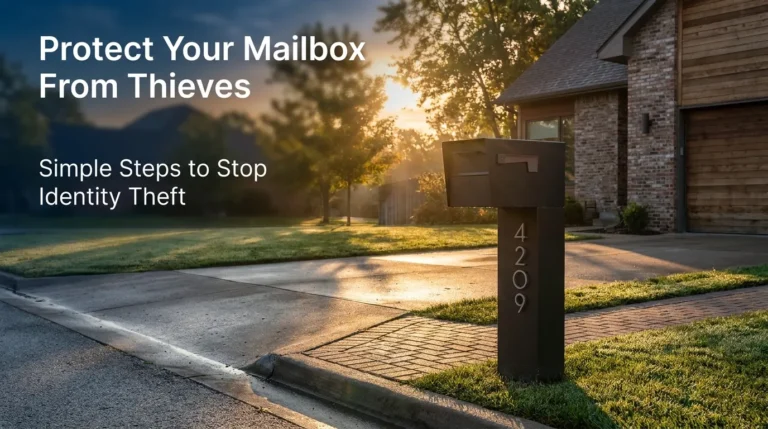 A modern suburban curb mailbox at sunrise illustrating how mail thieves steal outgoing mail from mailbox setups.