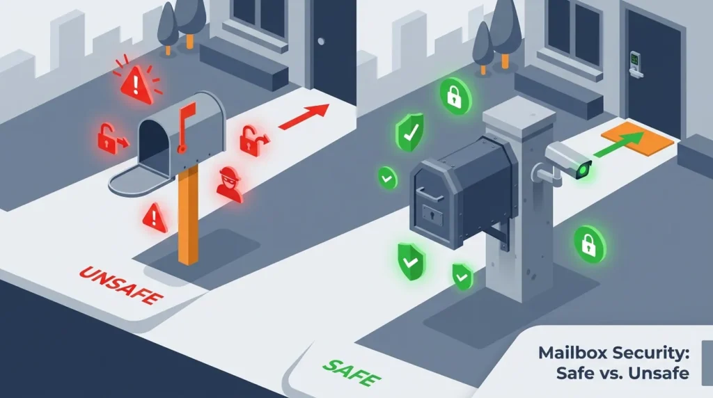A 3D isometric infographic showing how mail thieves steal outgoing mail from mailbox vulnerabilities versus a secure locking setup.