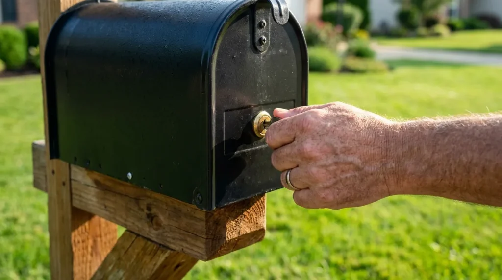 A hand unlocking a heavy duty metal locking mailbox to prevent how mail thieves steal outgoing mail from mailbox posts.