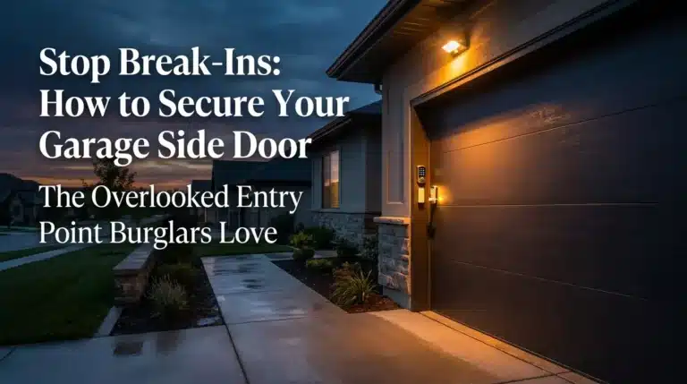 A secure garage side door with a modern deadbolt lock and motion-sensor light illustrating how to secure a garage side door.