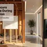 A comprehensive guide on how to secure your home during a renovation, featuring a modern home interior with smart locks and construction blueprints.