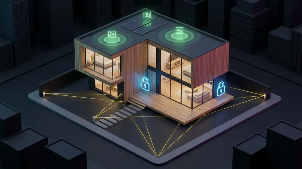 A modern 3D illustration showing multiple layers of home security, including locks, motion lights, and cameras for a new home.