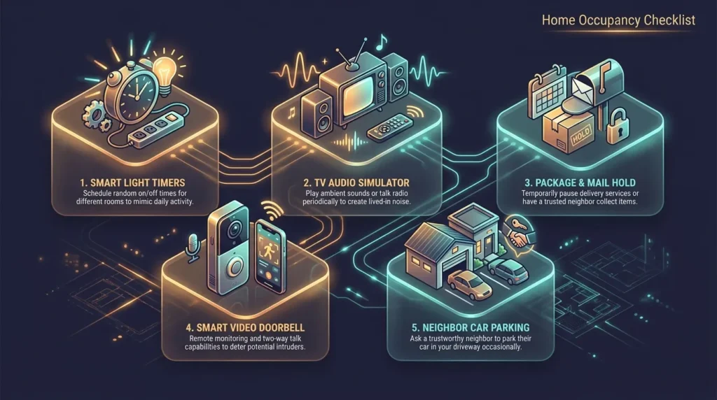 Isometric infographic illustrating smart home occupancy hacks including light timers, video doorbells, and mail holds to deter burglars.