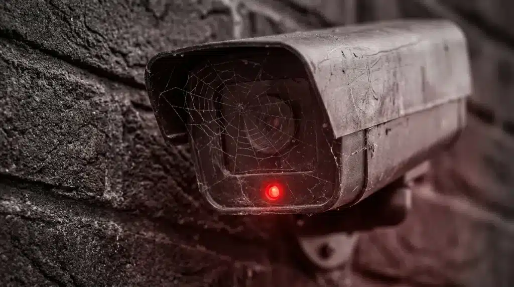 A faded, slightly weathered dummy security camera with a spiderweb on a brick wall.