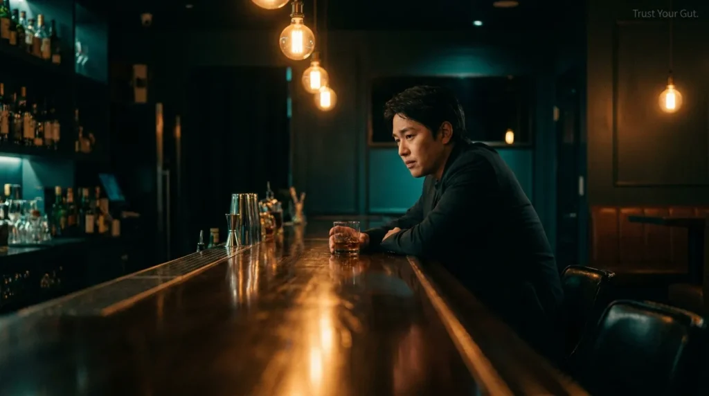 Moody film shot of a person at a bar counter reflecting on an untouched drink, illustrating the importance of trusting gut instincts during nightlife.