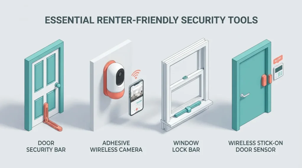 3D infographic illustrating non-permanent security tools including door jammers and adhesive cameras for no-drill apartment security.