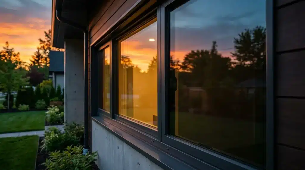 Reinforced modern home glass window with security film offering privacy and impact resistance.