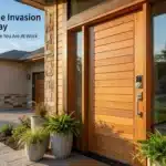 A bright and modern suburban house entrance with a smart lock and video doorbell, demonstrating how to prevent home invasion daytime.