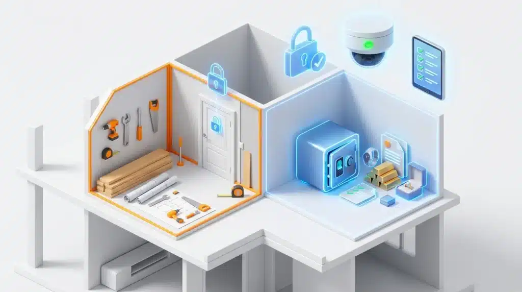 A 3D isometric infographic showing a home security checklist and the process of protecting valuables during home renovation with locked safe zones and cameras.