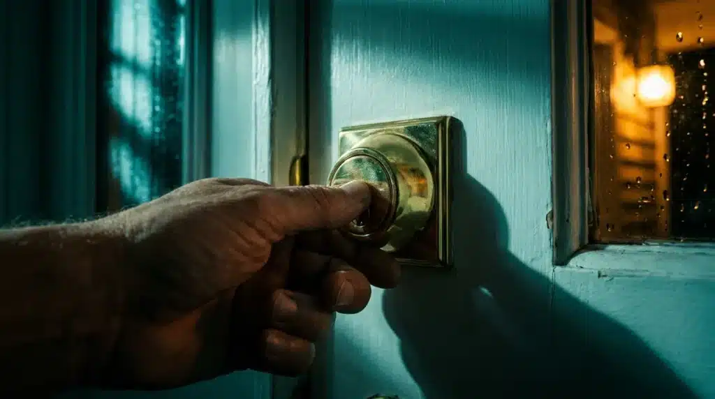 A close-up of a new heavy-duty deadbolt being locked on a front door at night, emphasizing the need to rekey locks in a new home.