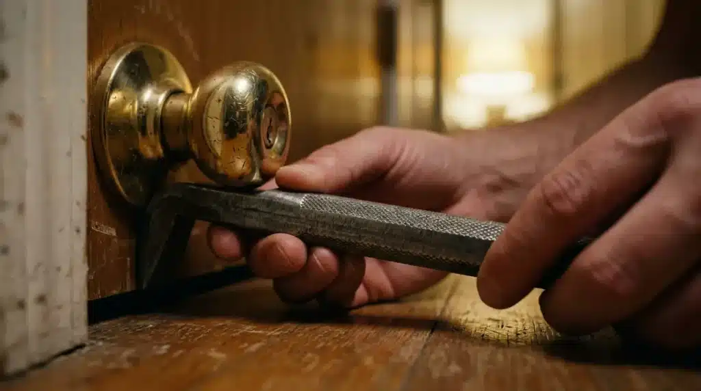 Close up view of setting up a heavy duty door jammer bar for no-drill apartment security at night.