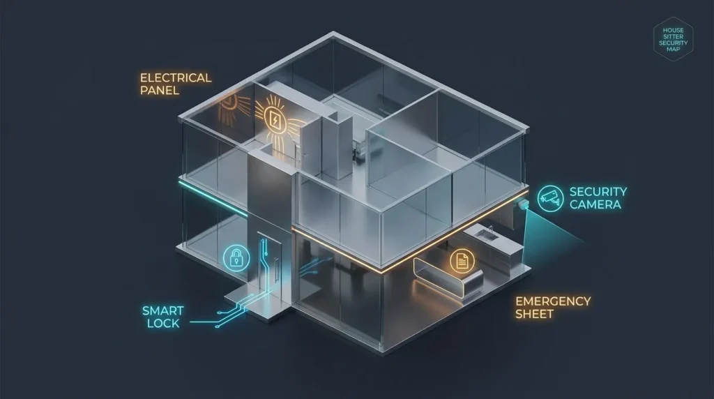 A 3D isometric smart home infographic highlighting entry points, smart locks, and emergency contact locations for house sitters.