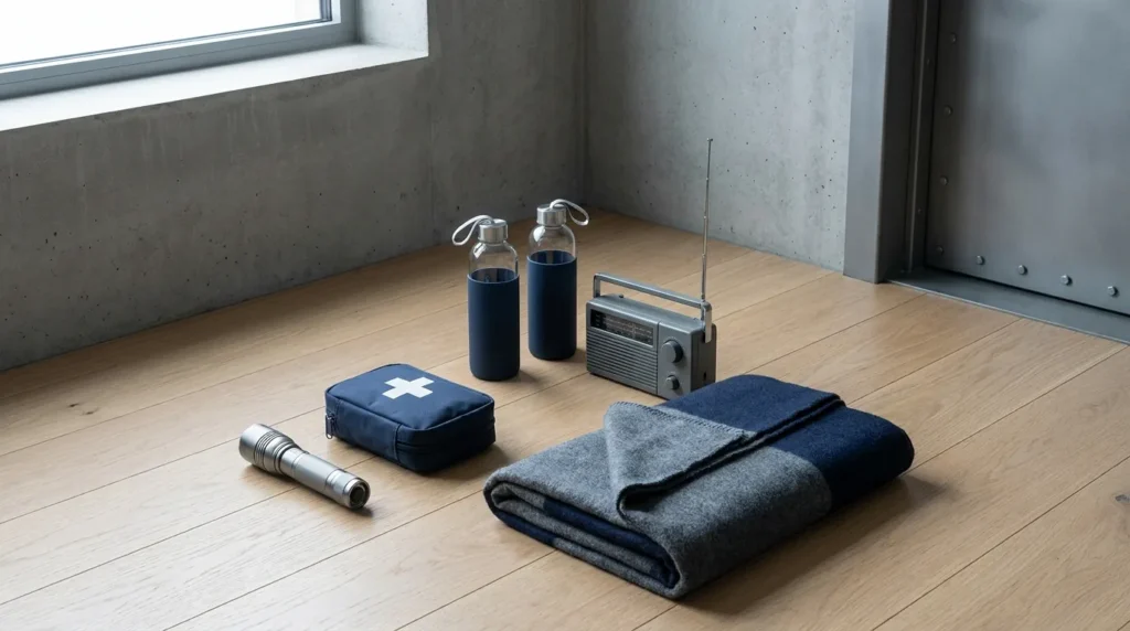 A basic emergency supply kit including a flashlight, first-aid kit, water, and radio for a home safe room.