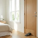 A bedroom door reinforced with a portable door security brace to secure it from the inside
