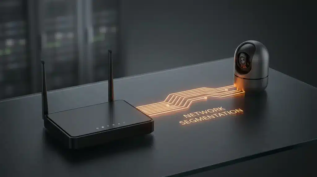 A sleek Wi-Fi router emitting a secure, isolated glowing orange digital pathway to a smart camera, illustrating network segmentation.