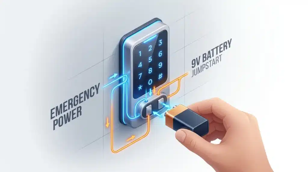Detailed illustration of using a 9V battery on the emergency contact points of a smart lock.