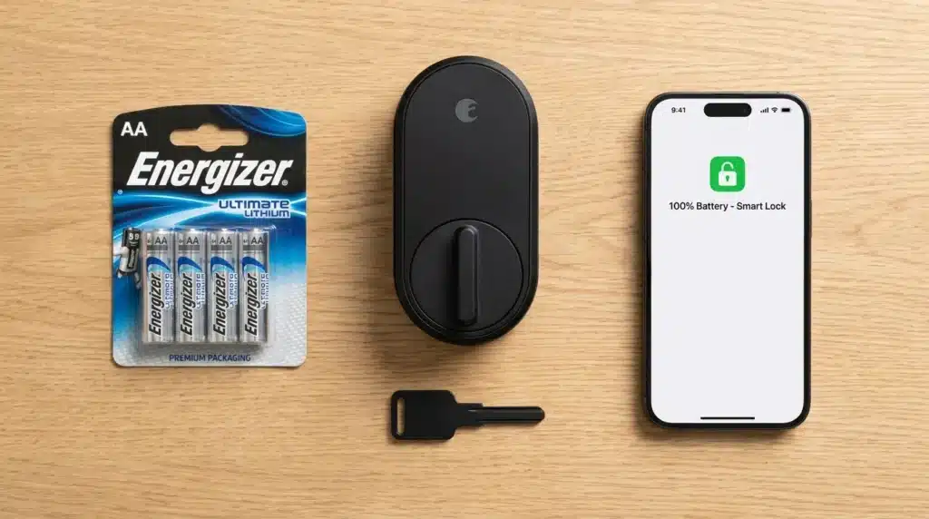 Flat lay of smart lock accessories including high-quality batteries and a mechanical backup key.
