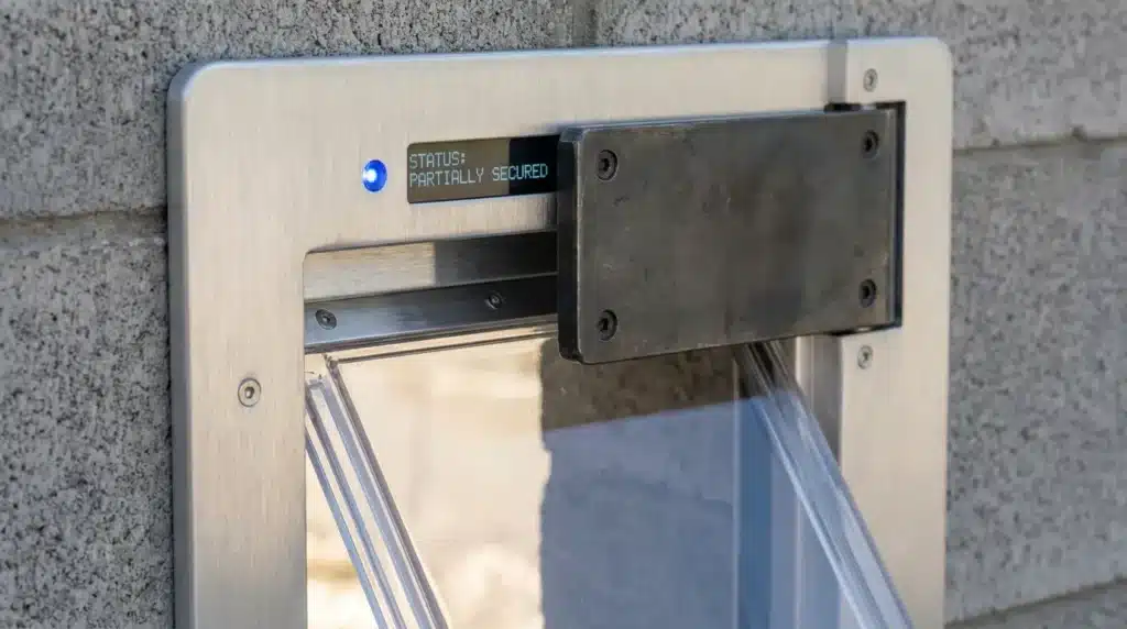 An electronic microchip dog door featuring a heavy-duty steel security slide plate for home protection.