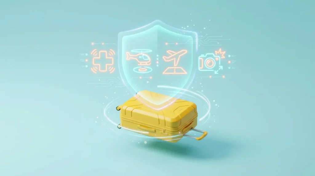 A 3D modern infographic showing a glowing protective shield over a yellow suitcase, featuring icons for medical coverage, emergency evacuation, and trip cancellation.