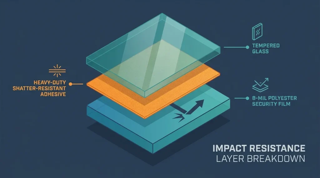 Cross section diagram showing 8 mil window security film layers holding shattered glass together.