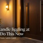 A modern front door with a secure handle and deadbolt illuminated by a bright porch light, representing safety against door handle jiggling at night.
