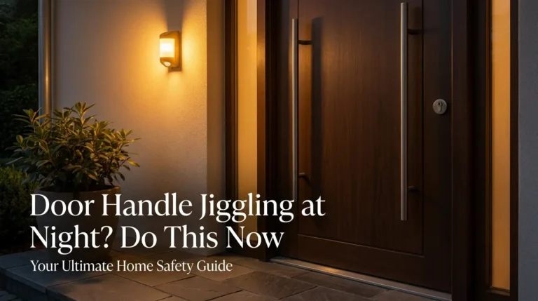 A modern front door with a secure handle and deadbolt illuminated by a bright porch light, representing safety against door handle jiggling at night.