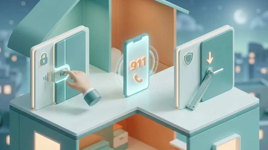 A 3D isometric infographic showing immediate home security steps like checking locks, using a door brace, and dialing 911 when someone tries your door handle at night.
