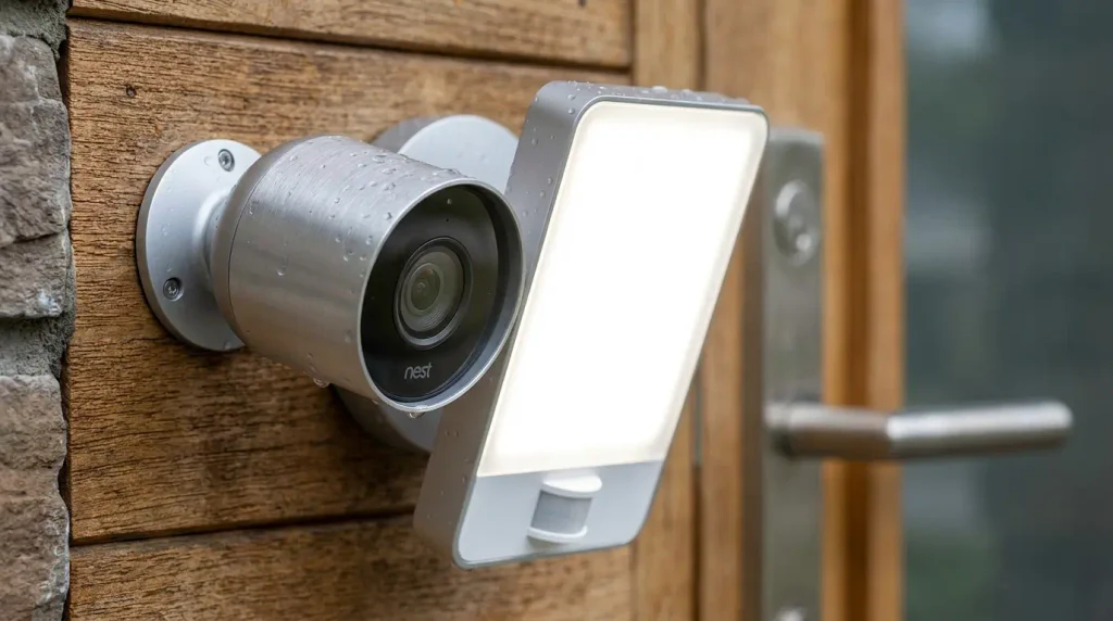 A sleek outdoor security camera and bright motion sensor light mounted near a residential front door to deter unwanted visitors.