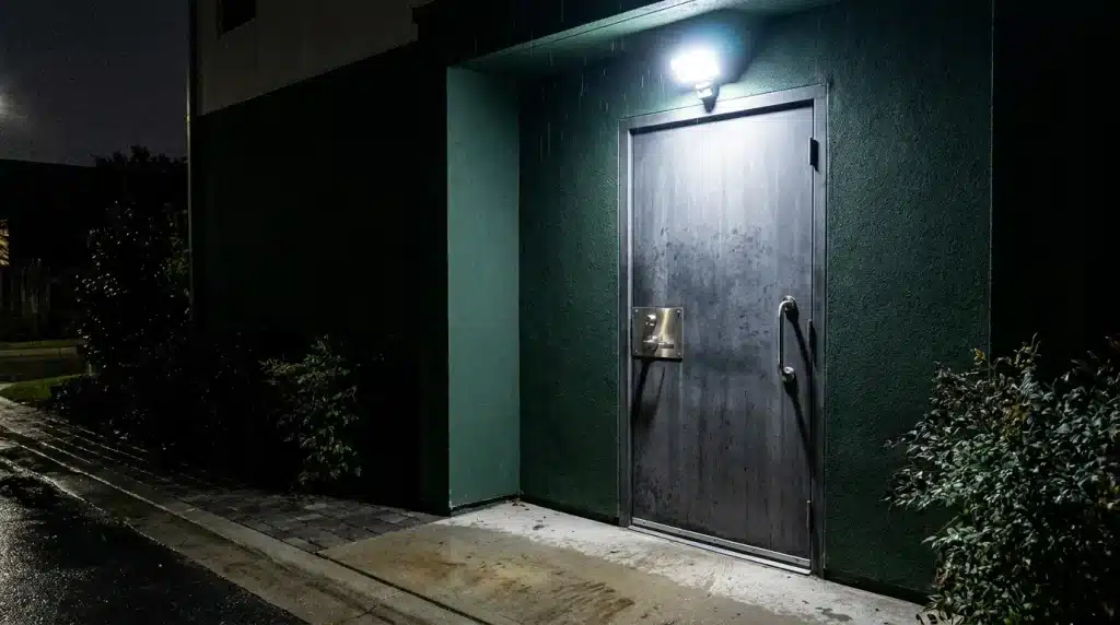 A heavy-duty deadbolt and a bright motion-sensor light activating on a modern home exterior door for nighttime security.