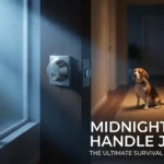 A modern front door deadbolt illuminated at night with an alert Beagle dog in the background, representing home security when someone tries your door handle.